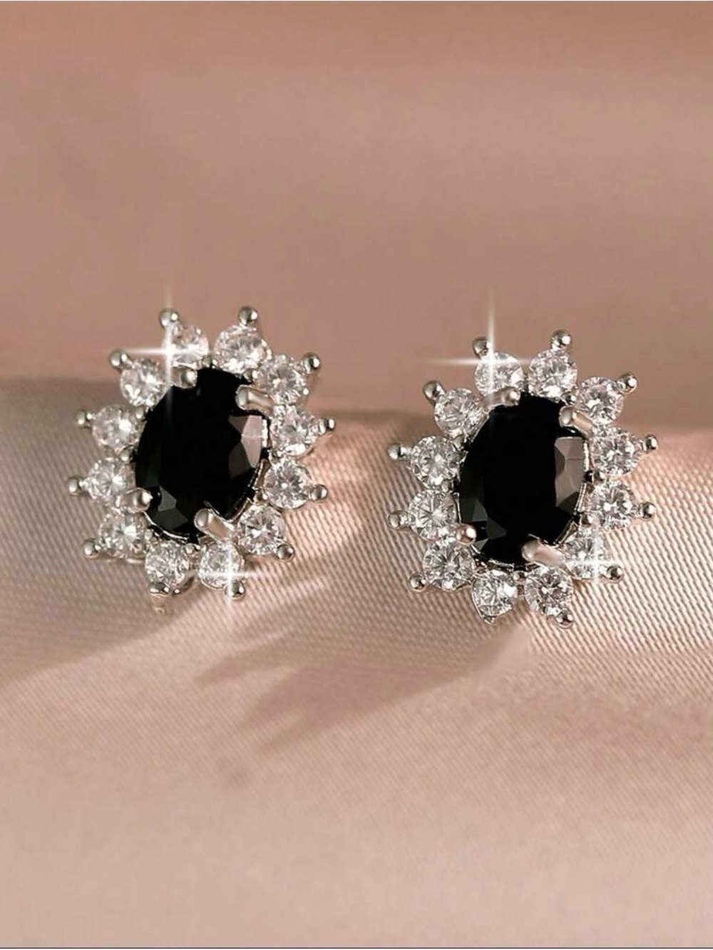 Black Oval Halo Stud Earrings with Clear Crystal Accents